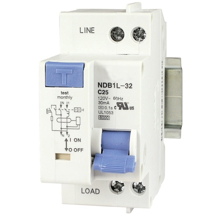 Asi Circuit Breaker, NDB1L-32C Series, 25A, 2 Pole, 240V AC, 4.5kA, C Curve NDB1L-32C-25-240V